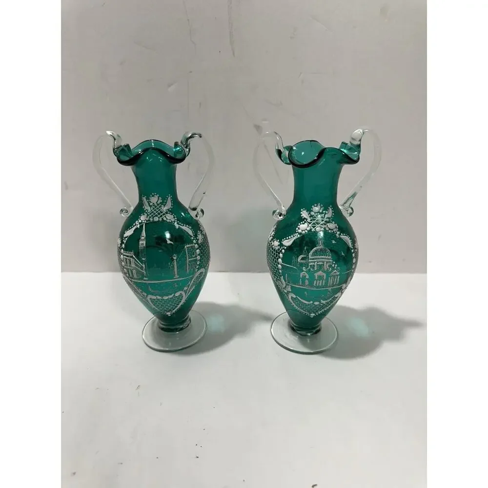 Stunning Pair (2) Salviati Moser Murano Italian Hand Painted Green Glass Vase 6”